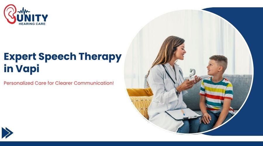 Female speech therapist working with a young boy during a therapy session at Unity Hearing Care in Vapi.