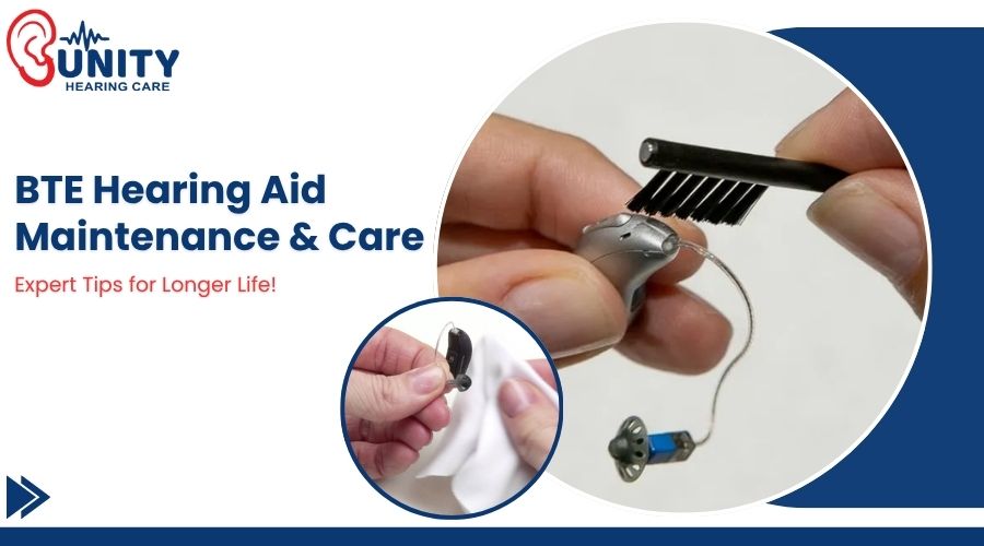 Person cleaning a BTE hearing aid using a small brush and cloth – Unity Hearing Care Vapi offers expert hearing aid maintenance and care tips.