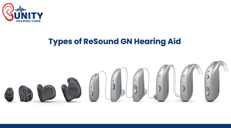 Different types of ReSound GN hearing aids displayed from IIC to BTE